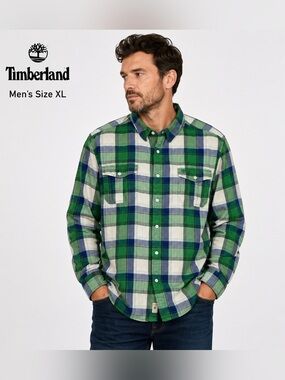 VTG Timberland Men's XL Plaid Button-Down Shirt - Green Blue Check